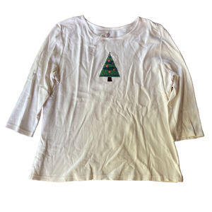 Covington Sport Shirt Sz L Cream Top 3/4 Sleeve Embroidered Christmas Tree Xmas